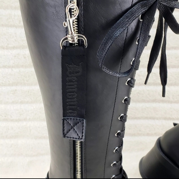 Bratty Block Heel Lace Up Punk Goth Biker Knee Boots - Picture 11 of 15